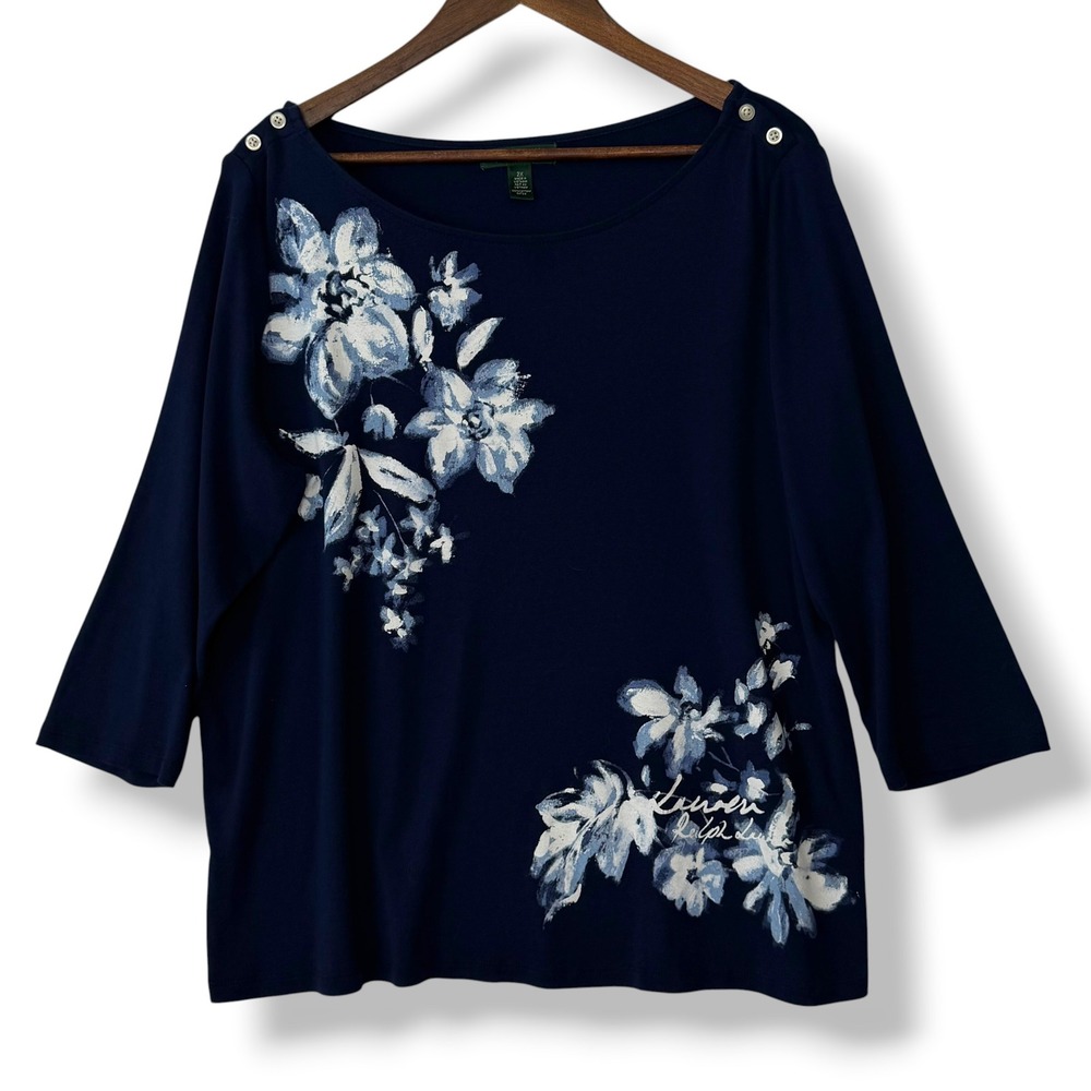 Lauren Ralph Lauren Knit Top 2X Navy Blue Floral Boatneck Shoulder Buttons Plus